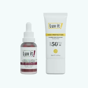 التقشير مع الحماية من Luv it · على خلفية فاتحة قارورة سيروم التقشير العنابية بقطّارة بجانب أنبوب أبيض بشريط أصفر من واقي الشمس اليومي · SPF50+